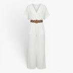 Women's Belted V-Neck Wide Leg Jumpsuit