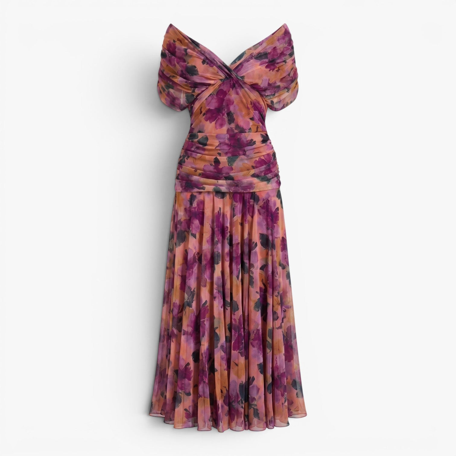 Women's Elegant V-Neck Midi Dress with Flowing Mesh Overlay
