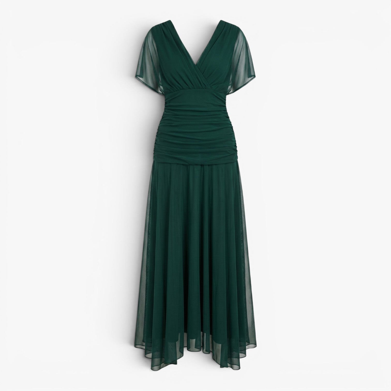 Women's Elegant V-Neck Midi Dress with Flowing Mesh Overlay