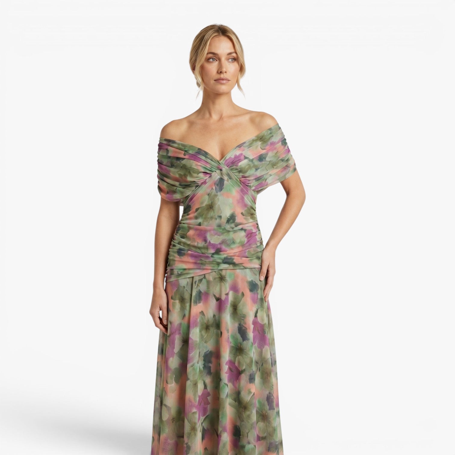 Women's Elegant V-Neck Midi Dress with Flowing Mesh Overlay