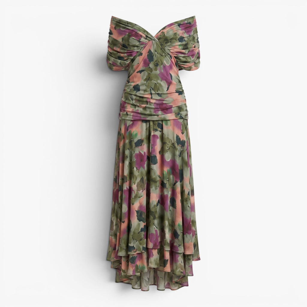 Women's Elegant V-Neck Midi Dress with Flowing Mesh Overlay