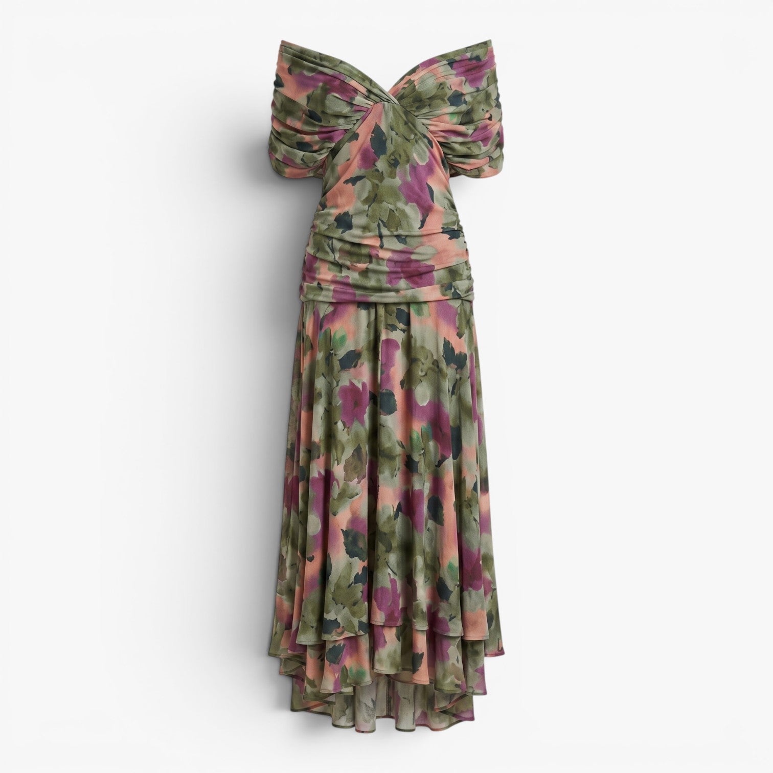 Women's Elegant V-Neck Midi Dress with Flowing Mesh Overlay
