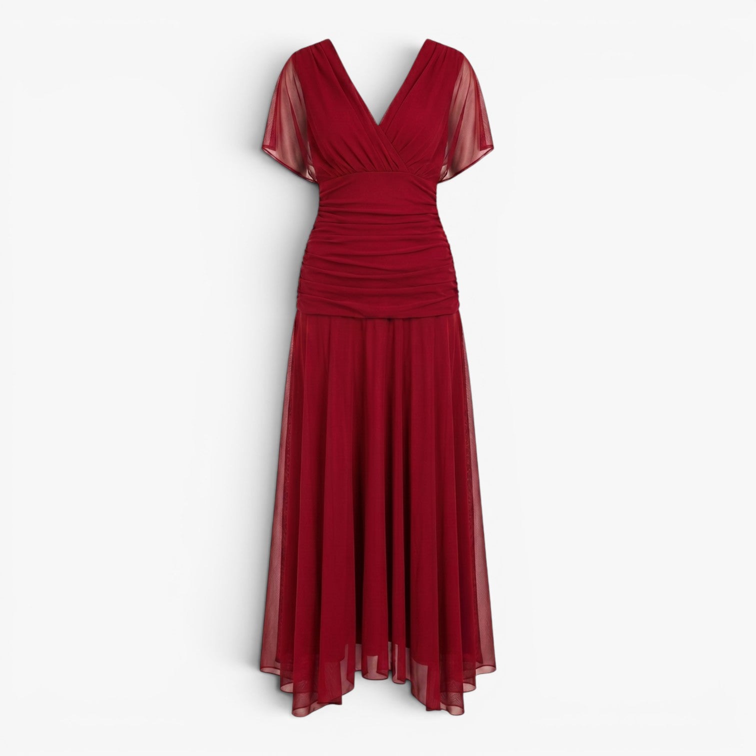 Women's Elegant V-Neck Midi Dress with Flowing Mesh Overlay