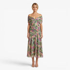 Women's Elegant V-Neck Midi Dress with Flowing Mesh Overlay