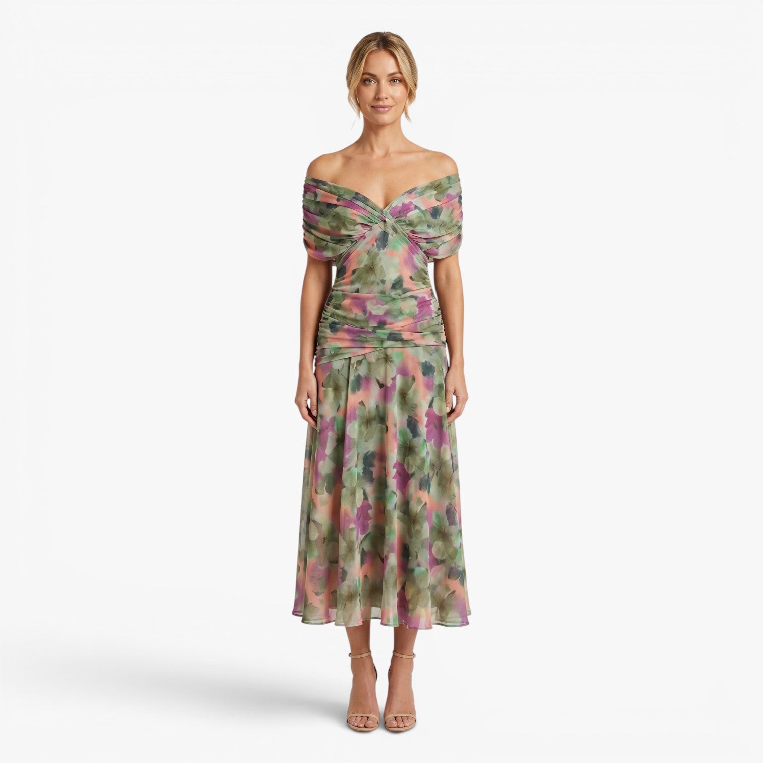 Women's Elegant V-Neck Midi Dress with Flowing Mesh Overlay
