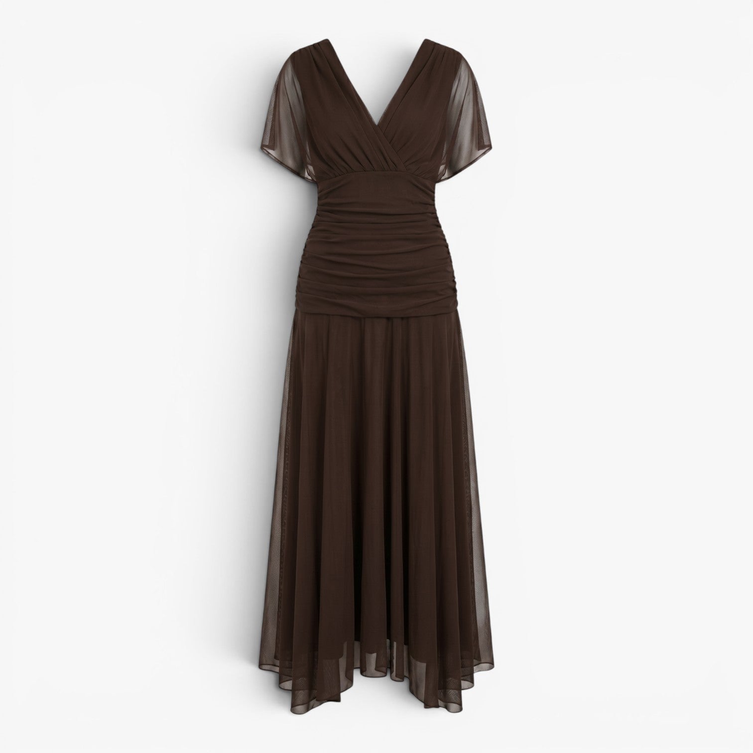 Women's Elegant V-Neck Midi Dress with Flowing Mesh Overlay