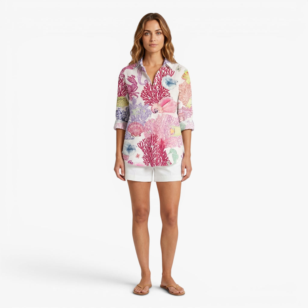 Women's Coastal Print Button-Up Shirt with Relaxed Fit
