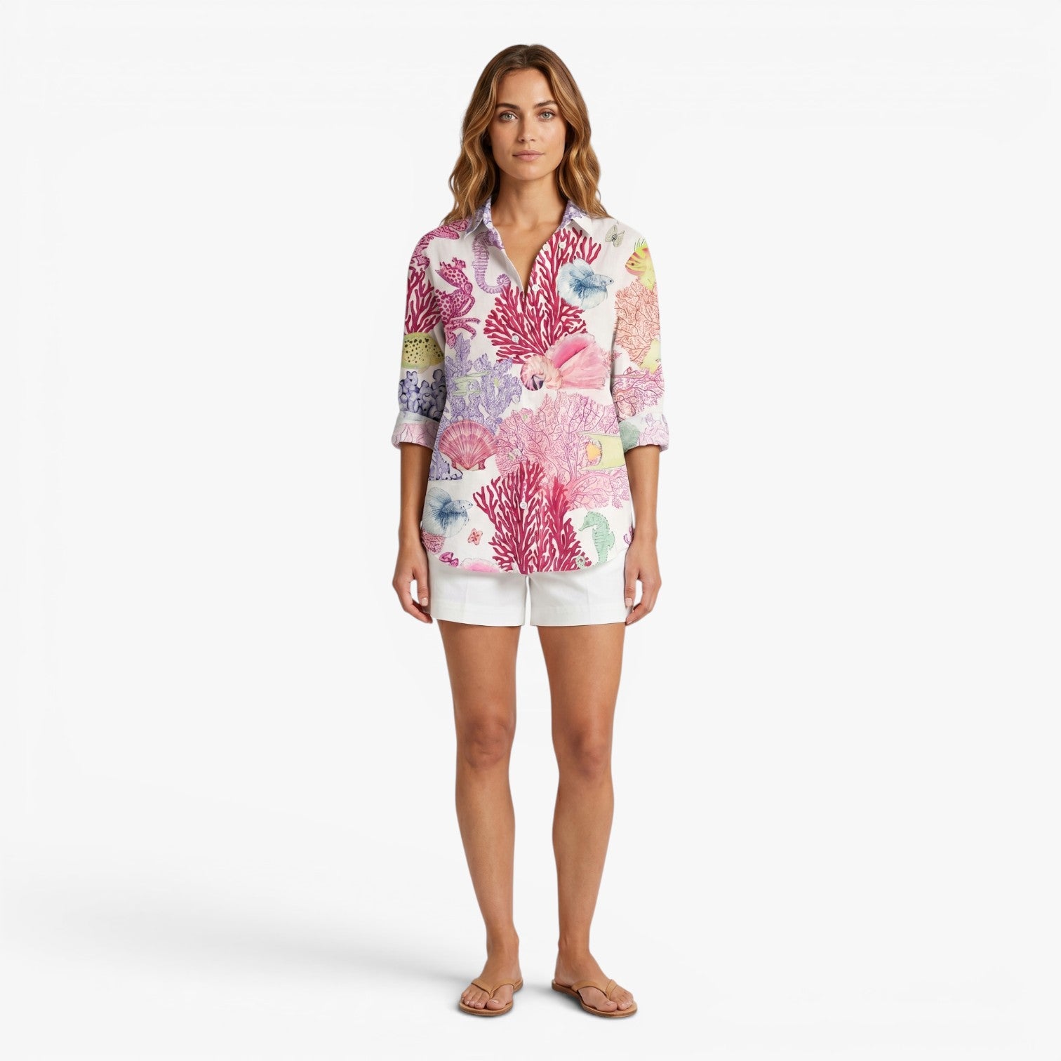 Women's Coastal Print Button-Up Shirt with Relaxed Fit