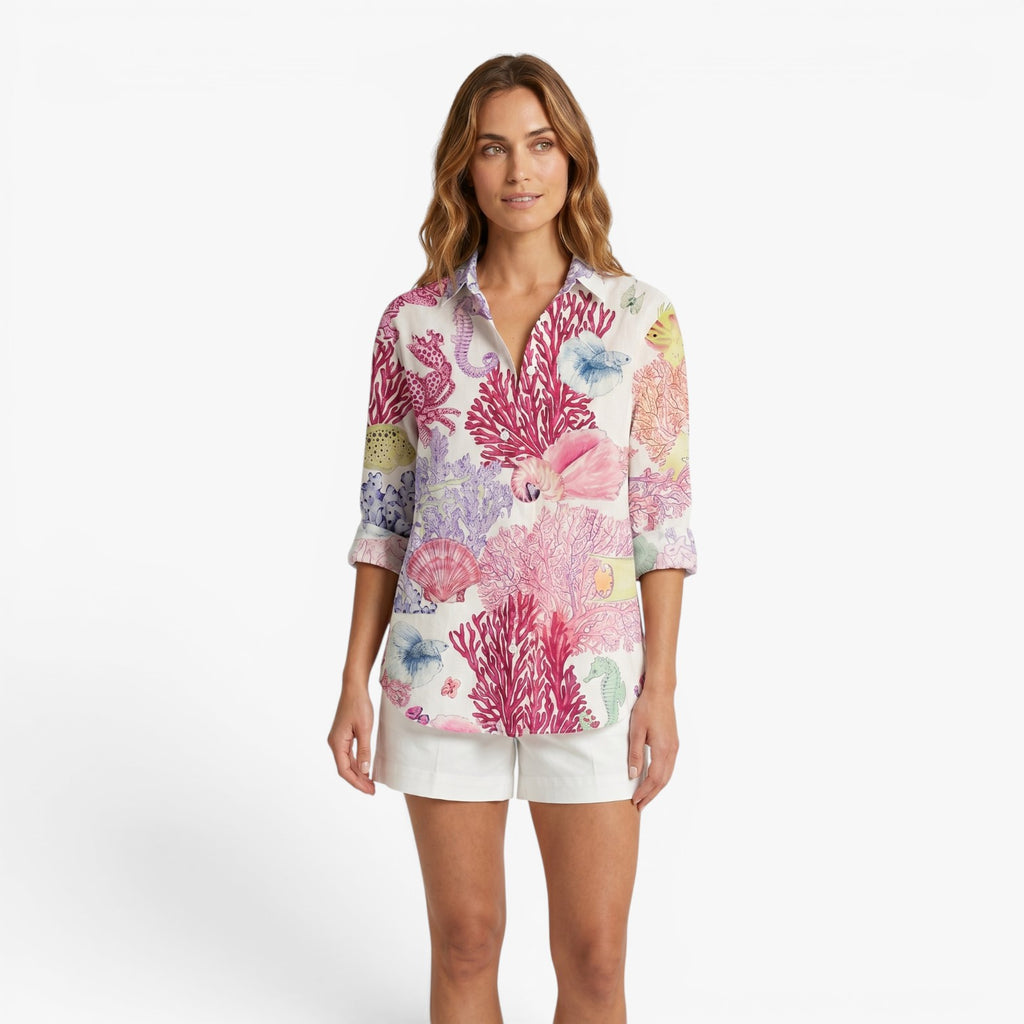 Women's Coastal Print Button-Up Shirt with Relaxed Fit