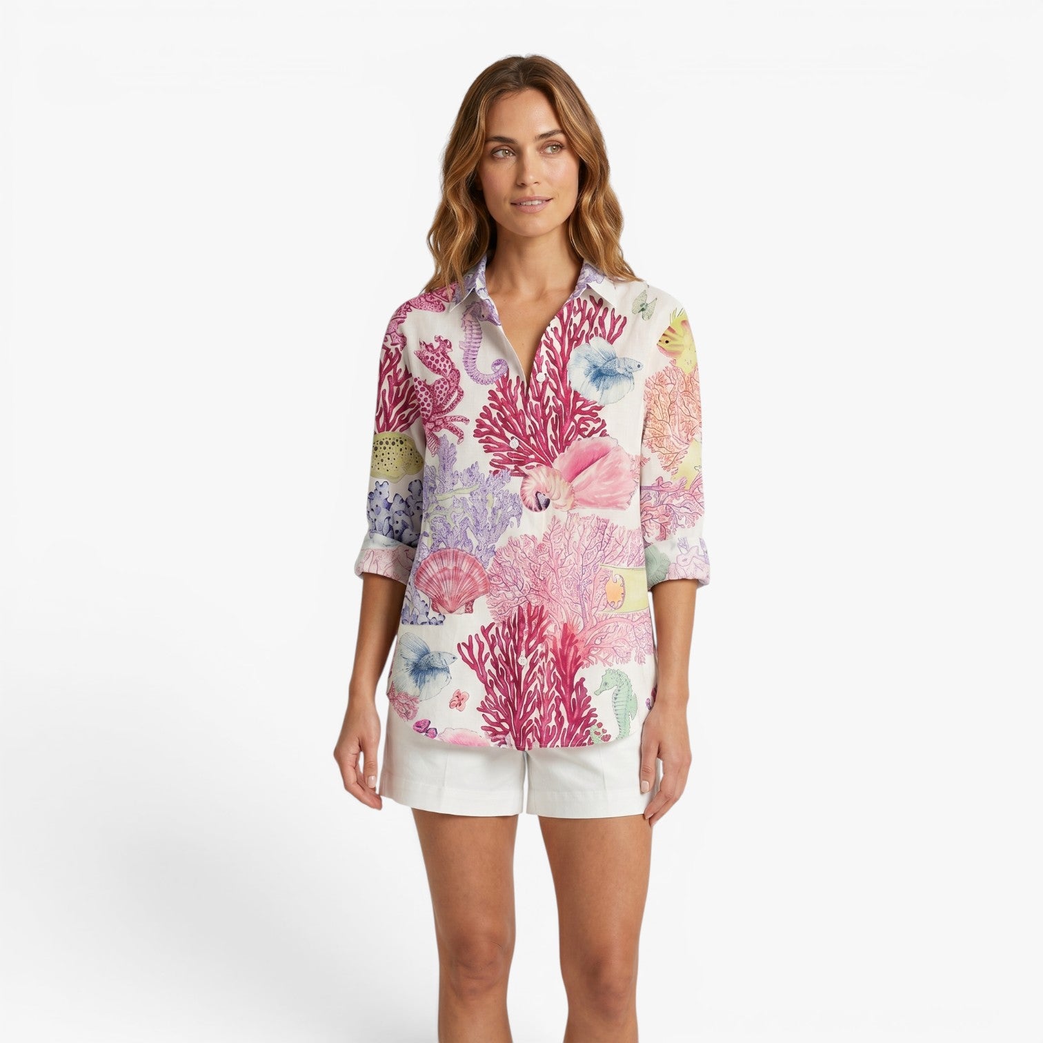 Women's Coastal Print Button-Up Shirt with Relaxed Fit