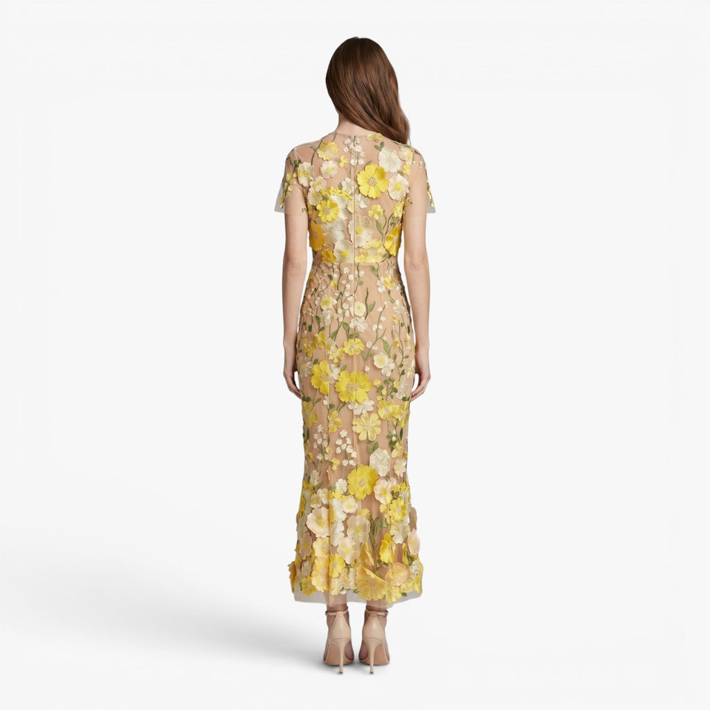 Damen Midikleid aus besticktem Mesh mit Blumenmuster