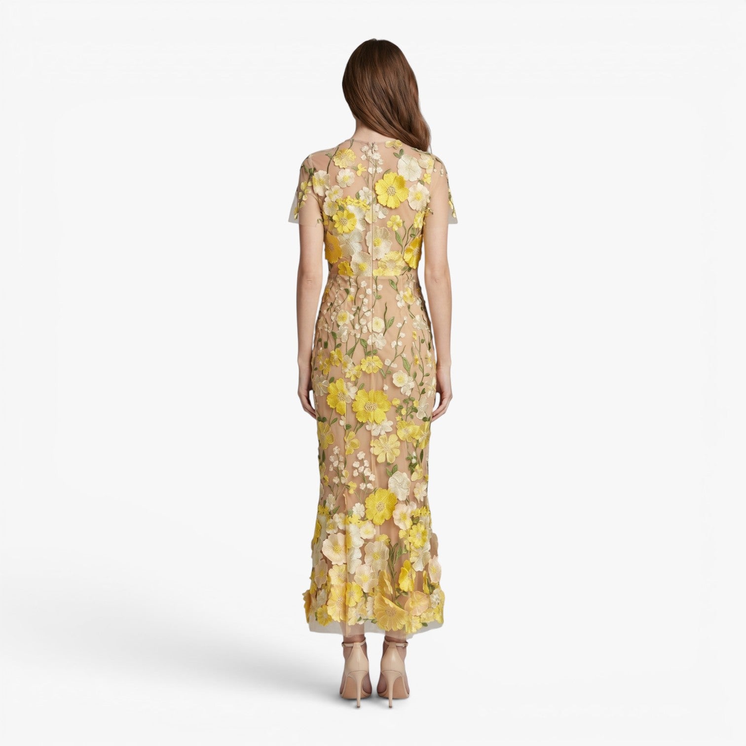 Damen Midikleid aus besticktem Mesh mit Blumenmuster