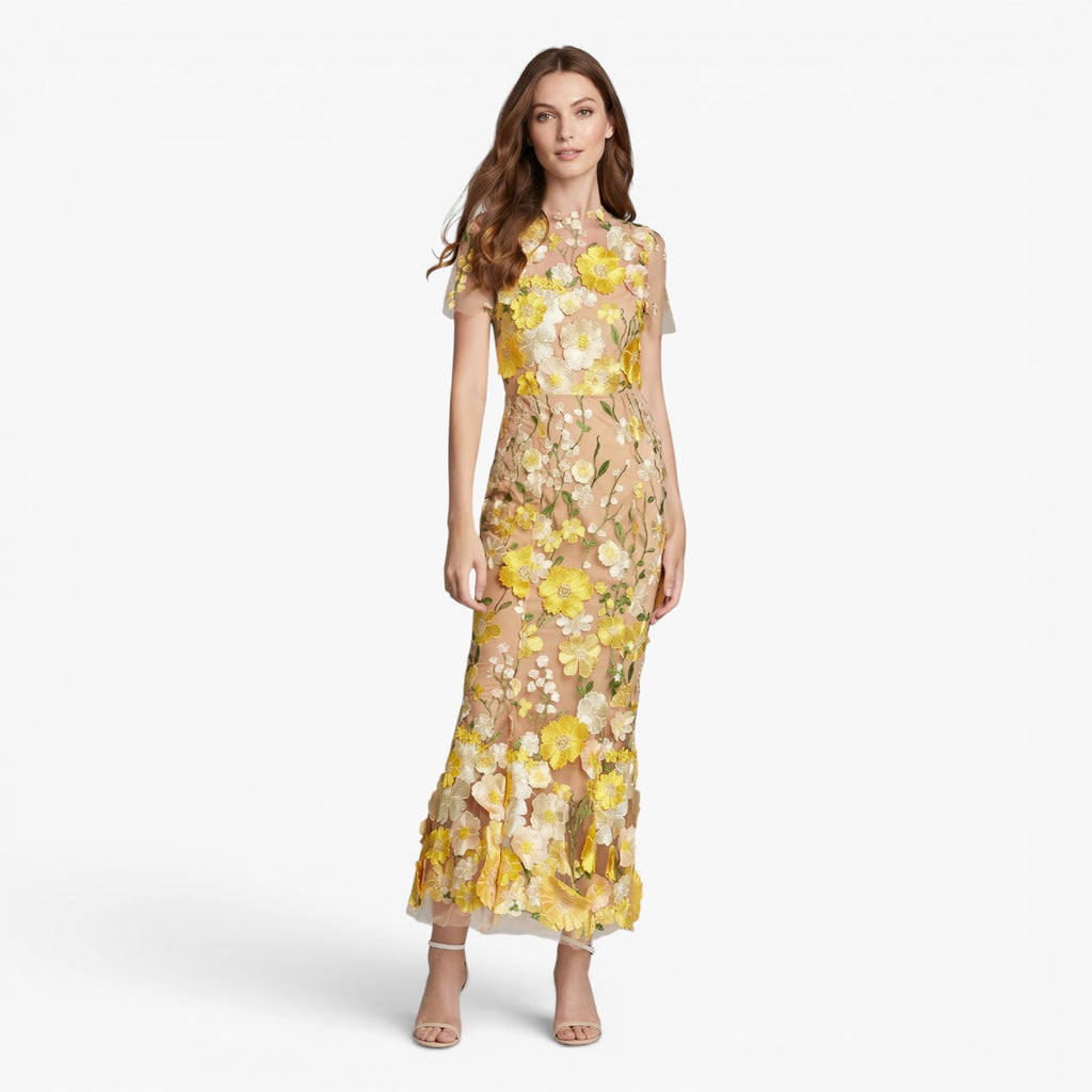 Damen Midikleid aus besticktem Mesh mit Blumenmuster