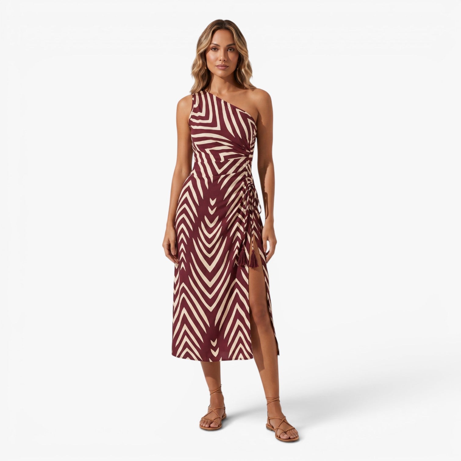 Women's One-Shoulder Geometric Print Midi Dress