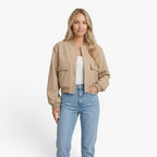 Women's Utility Pocket Bomber Jacket with Snap Button Closure