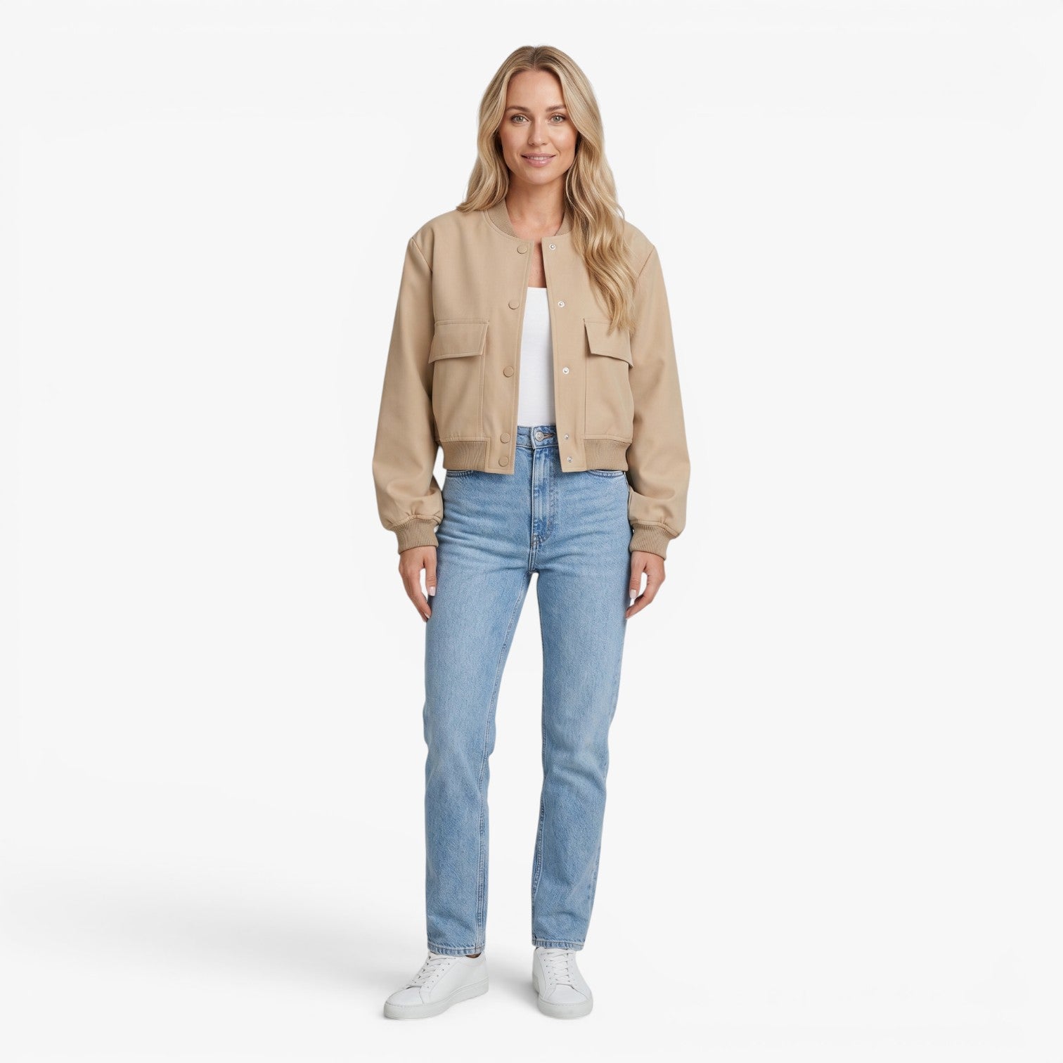 Women's Utility Pocket Bomber Jacket with Snap Button Closure