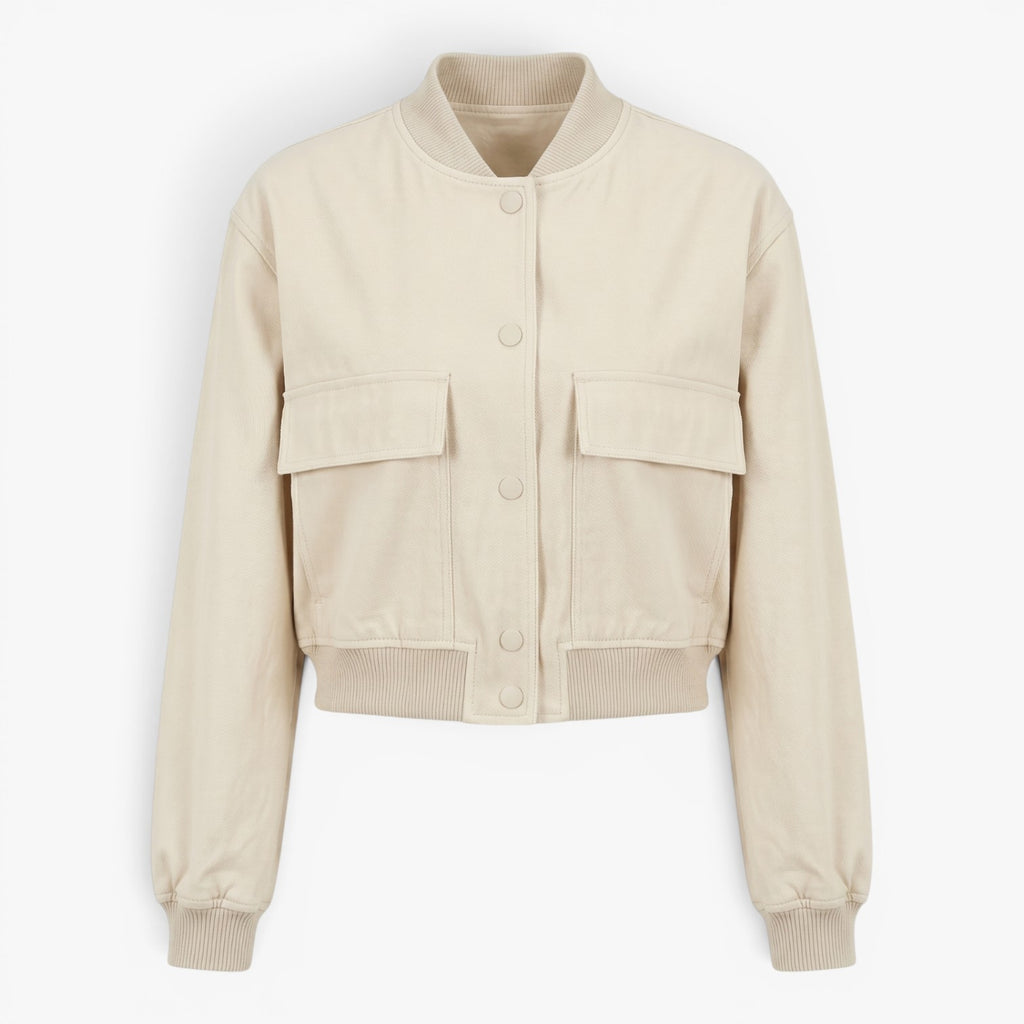 Women's Utility Pocket Bomber Jacket with Snap Button Closure