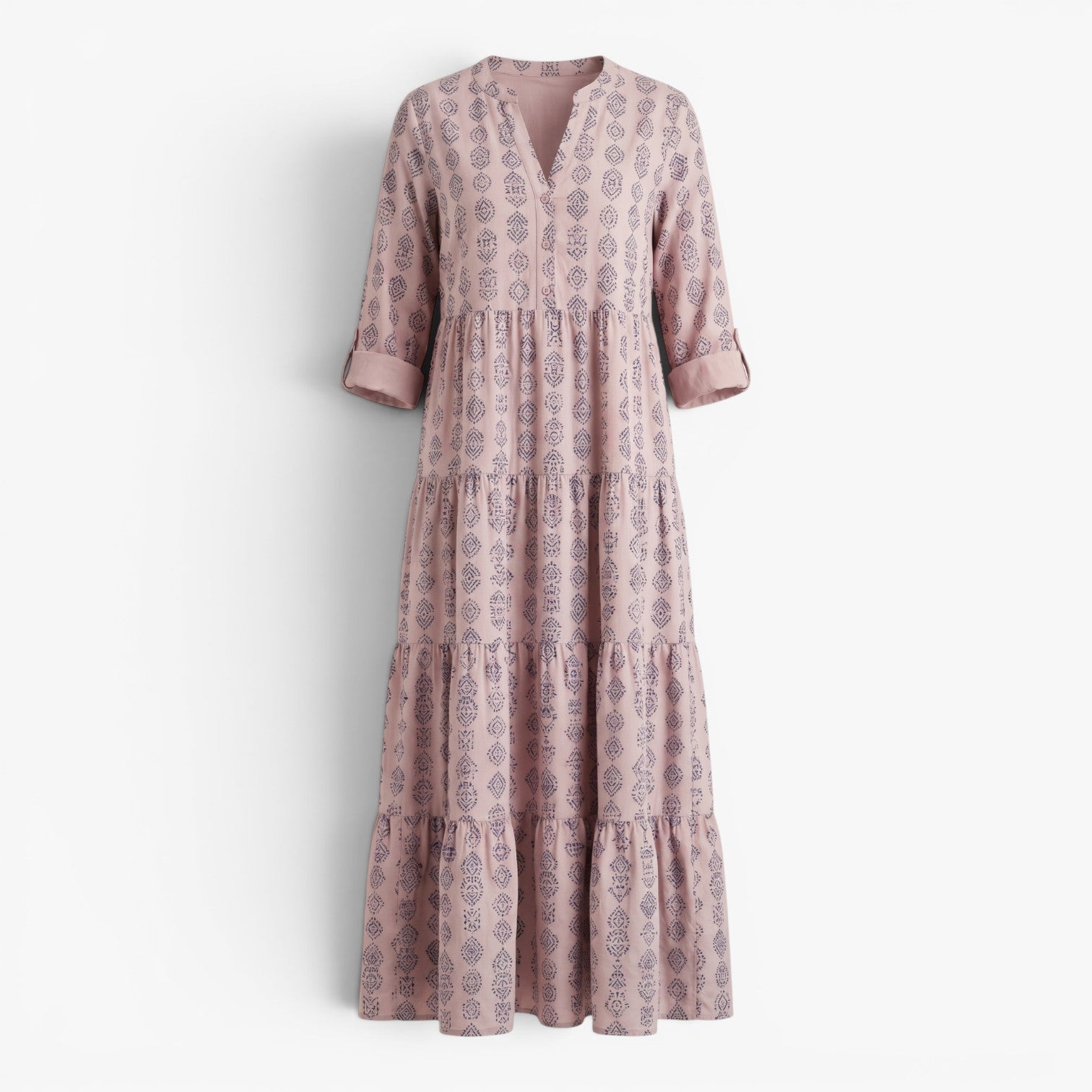 Women's Relaxed Printed Maxi Dress with Tiered Silhouette and Roll-Up Sleeves