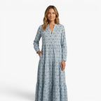 Women's Relaxed Printed Maxi Dress with Tiered Silhouette and Roll-Up Sleeves