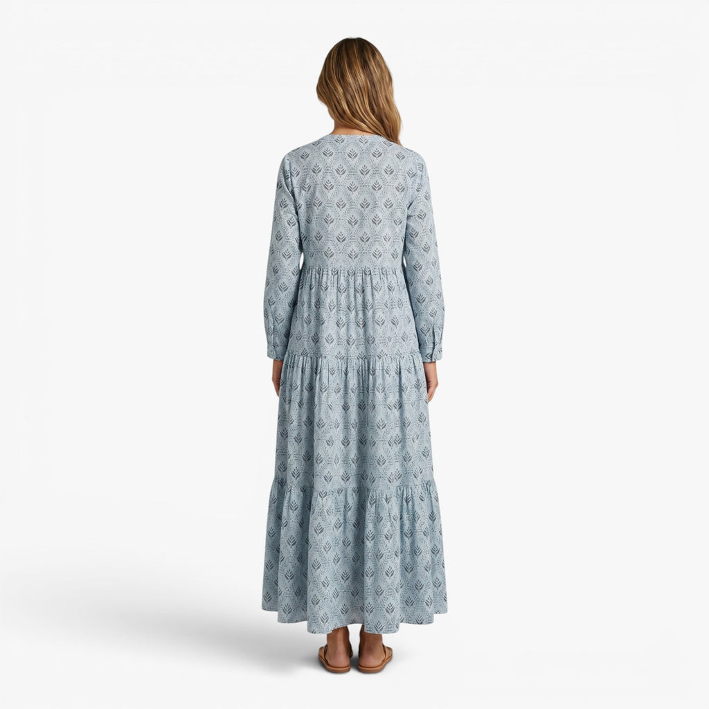 Women's Relaxed Printed Maxi Dress with Tiered Silhouette and Roll-Up Sleeves