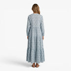 Women's Relaxed Printed Maxi Dress with Tiered Silhouette and Roll-Up Sleeves