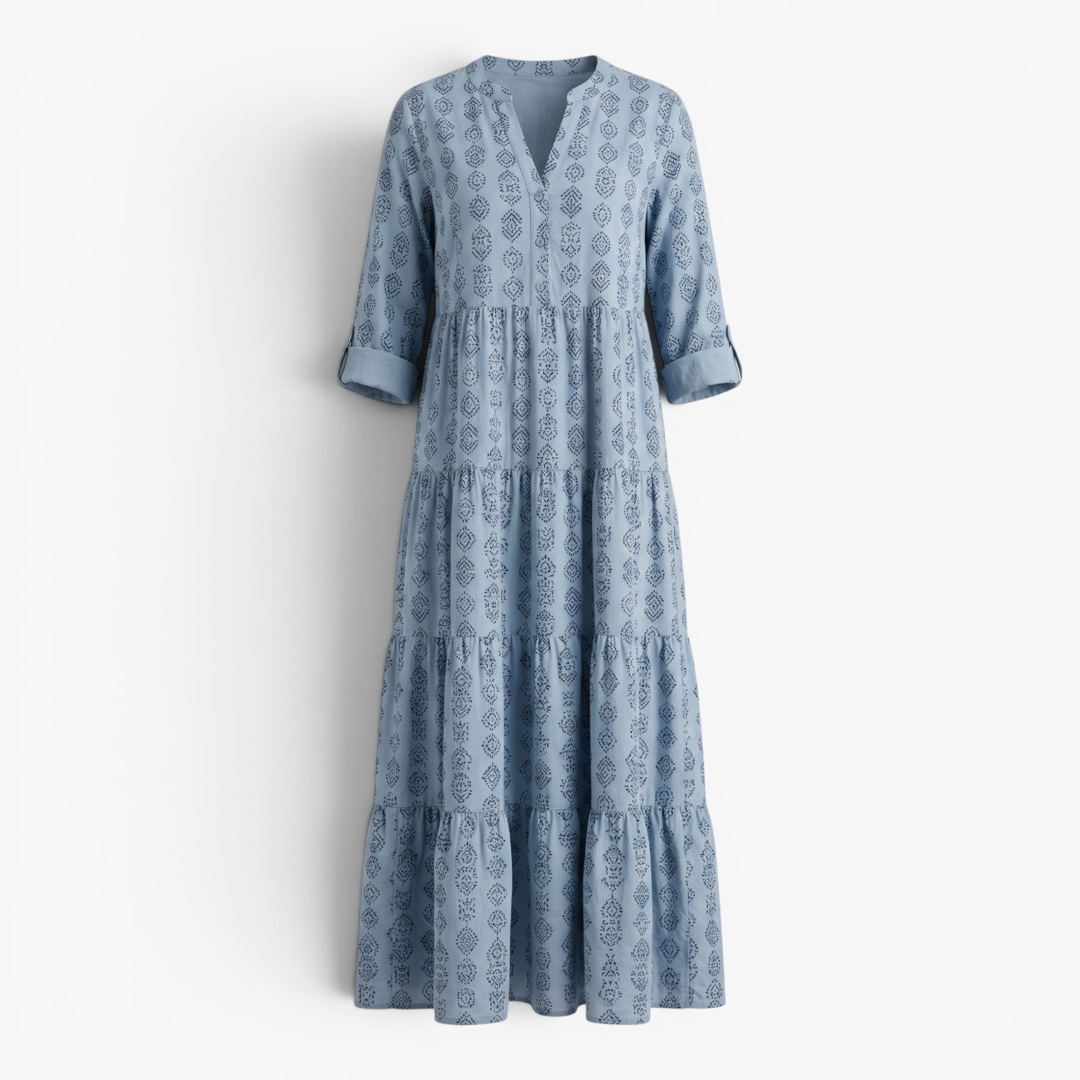 Women's Relaxed Printed Maxi Dress with Tiered Silhouette and Roll-Up Sleeves
