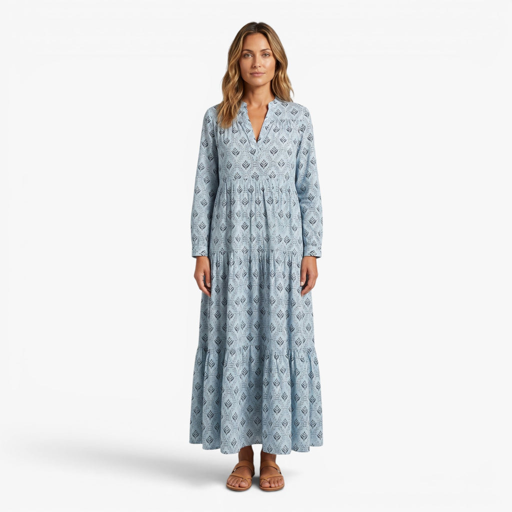 Women's Relaxed Printed Maxi Dress with Tiered Silhouette and Roll-Up Sleeves