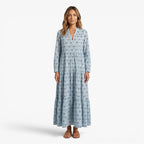 Women's Relaxed Printed Maxi Dress with Tiered Silhouette and Roll-Up Sleeves