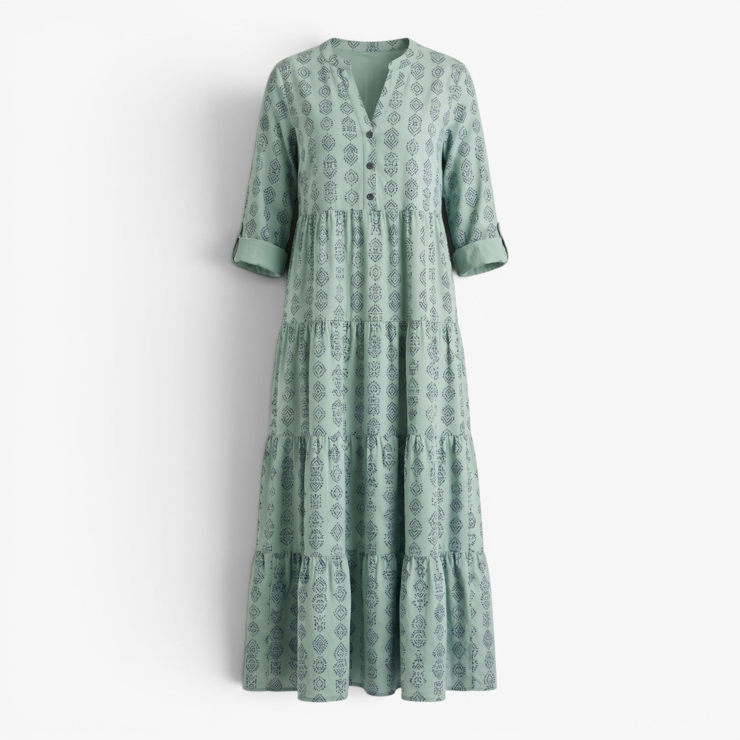 Women's Relaxed Printed Maxi Dress with Tiered Silhouette and Roll-Up Sleeves