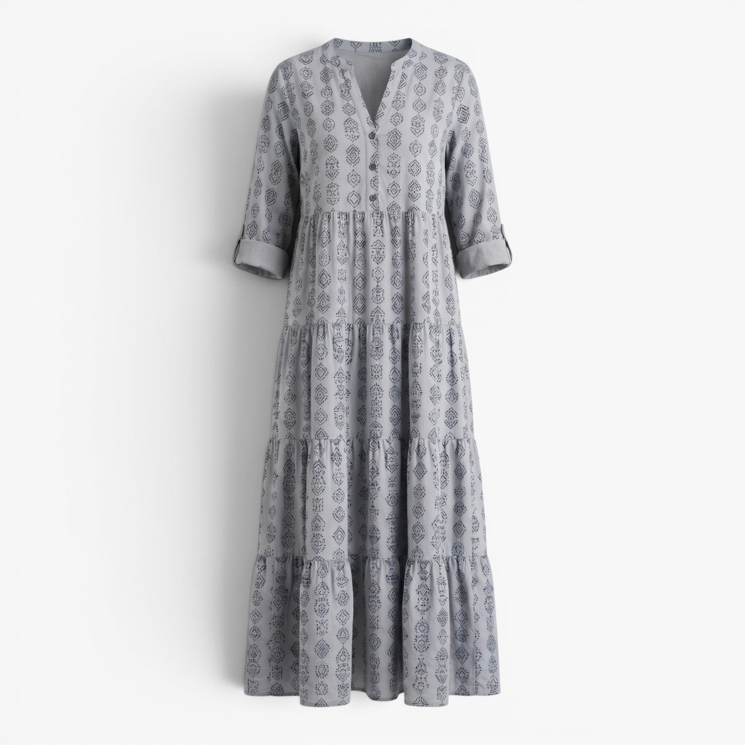Women's Relaxed Printed Maxi Dress with Tiered Silhouette and Roll-Up Sleeves