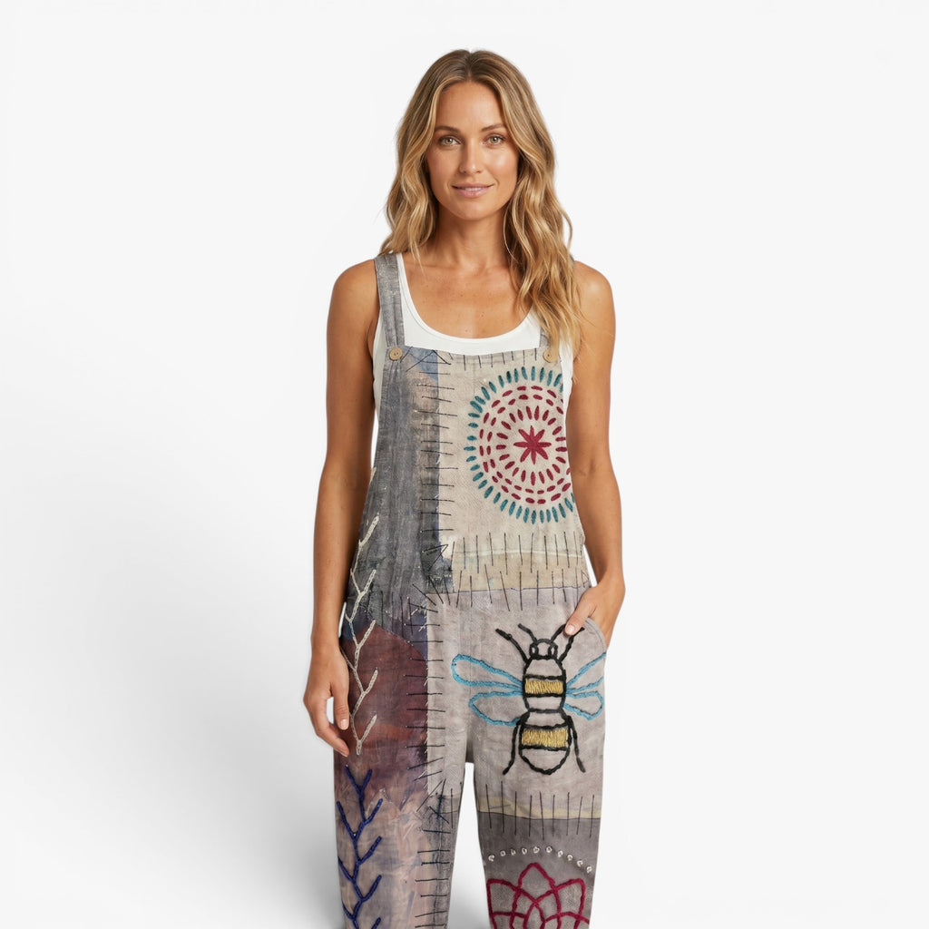 Women's Artistic Printed Casual Dungaree Jumpsuit with Adjustable Straps