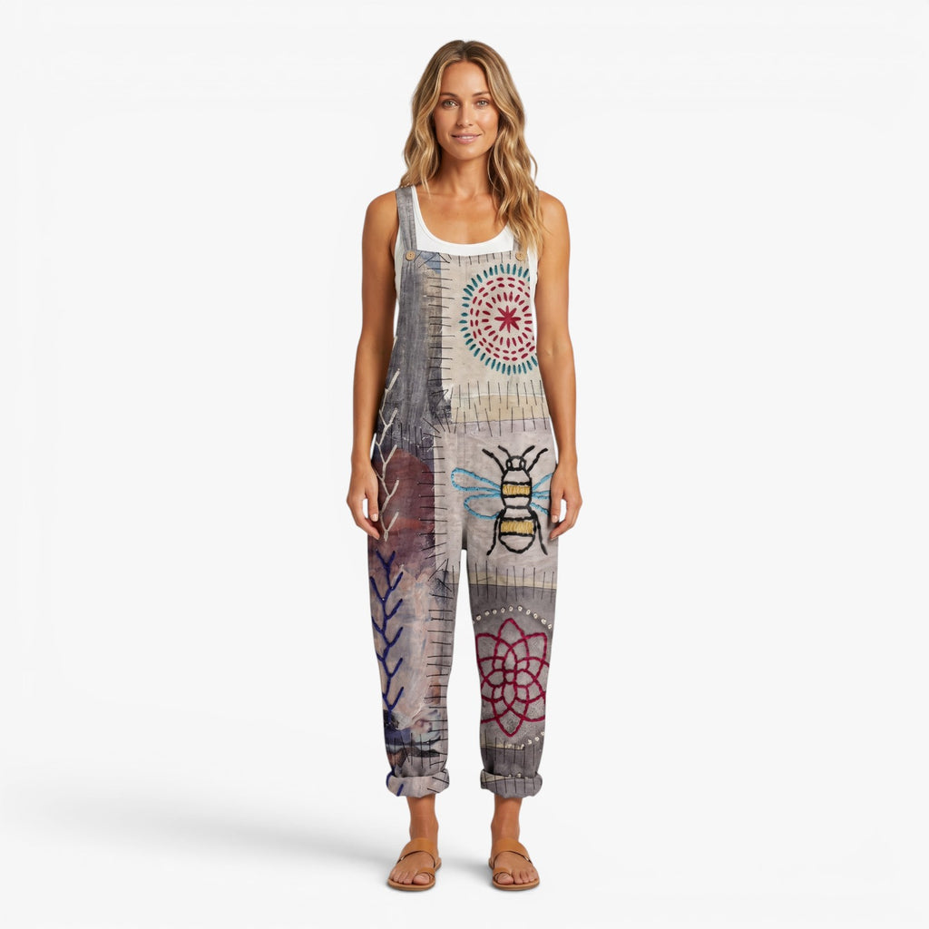 Women's Artistic Printed Casual Dungaree Jumpsuit with Adjustable Straps