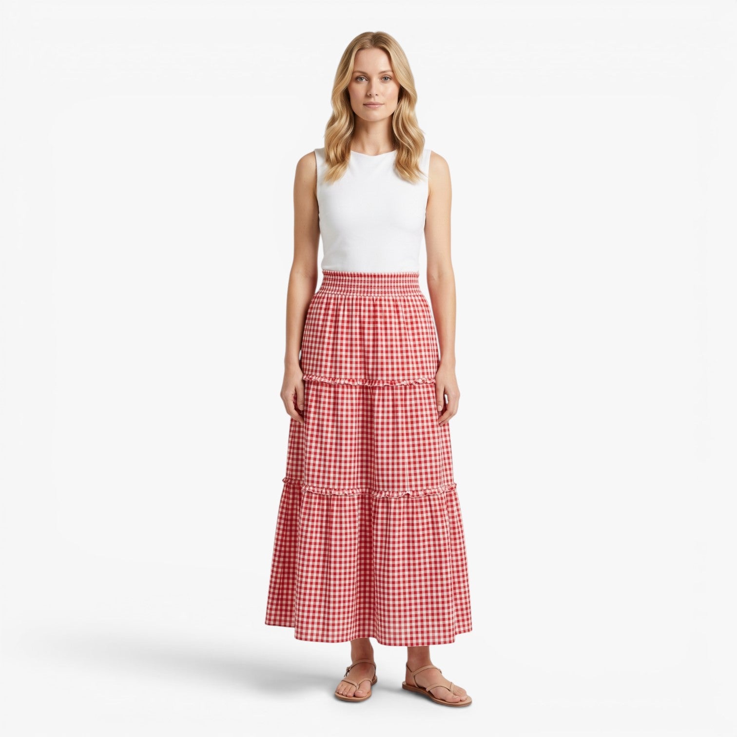 Women's Gingham Check Tiered Maxi Skirt with Smocked Waist