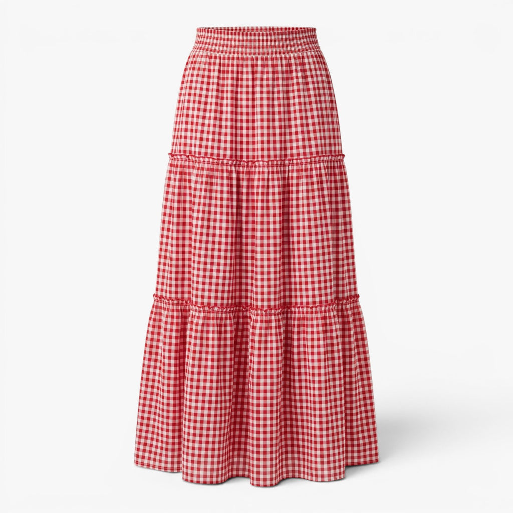 Women's Gingham Check Tiered Maxi Skirt with Smocked Waist