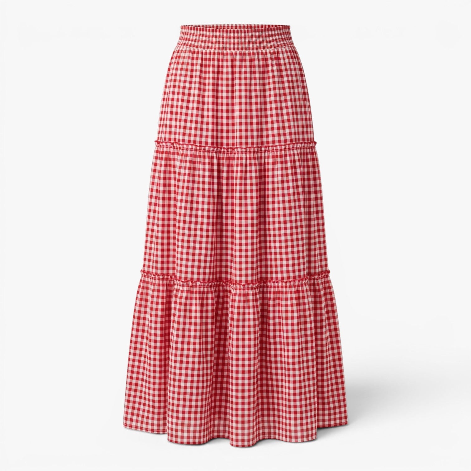Women's Gingham Check Tiered Maxi Skirt with Smocked Waist