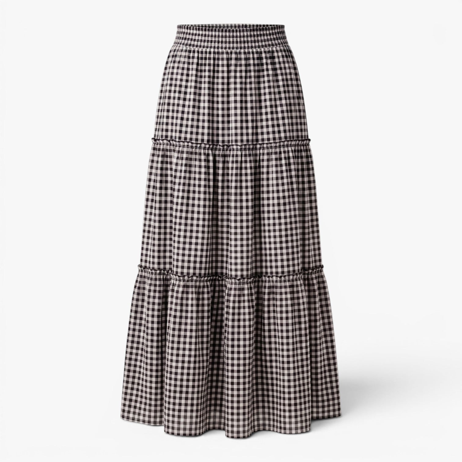 Women's Gingham Check Tiered Maxi Skirt with Smocked Waist
