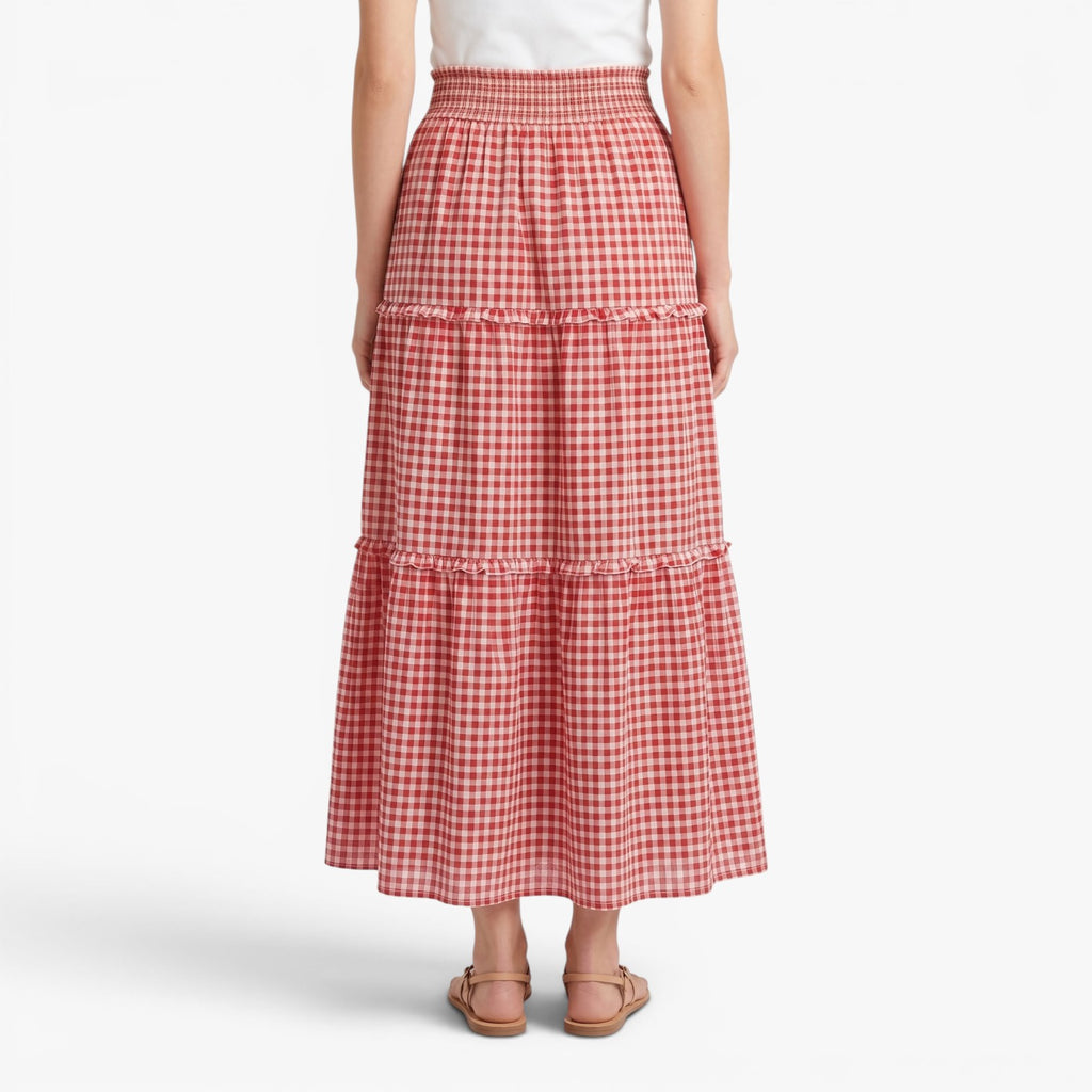 Women's Gingham Check Tiered Maxi Skirt with Smocked Waist