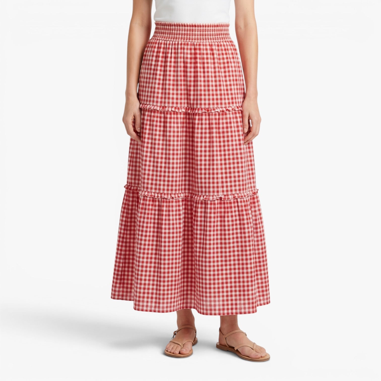 Women's Gingham Check Tiered Maxi Skirt with Smocked Waist