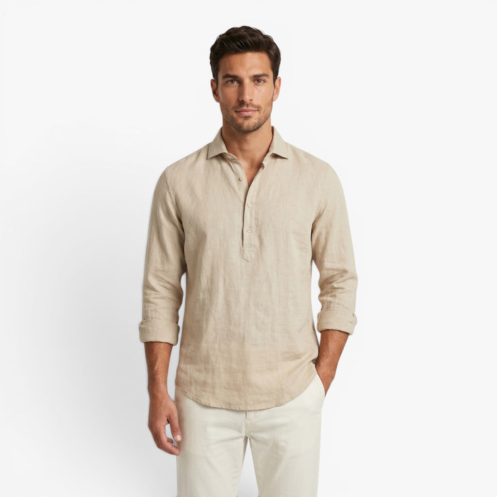 Men's Relaxed Linen Henley Shirt with Mandarin Collar and Rustic Button Placket