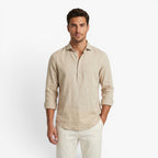 Men's Relaxed Linen Henley Shirt with Mandarin Collar and Rustic Button Placket