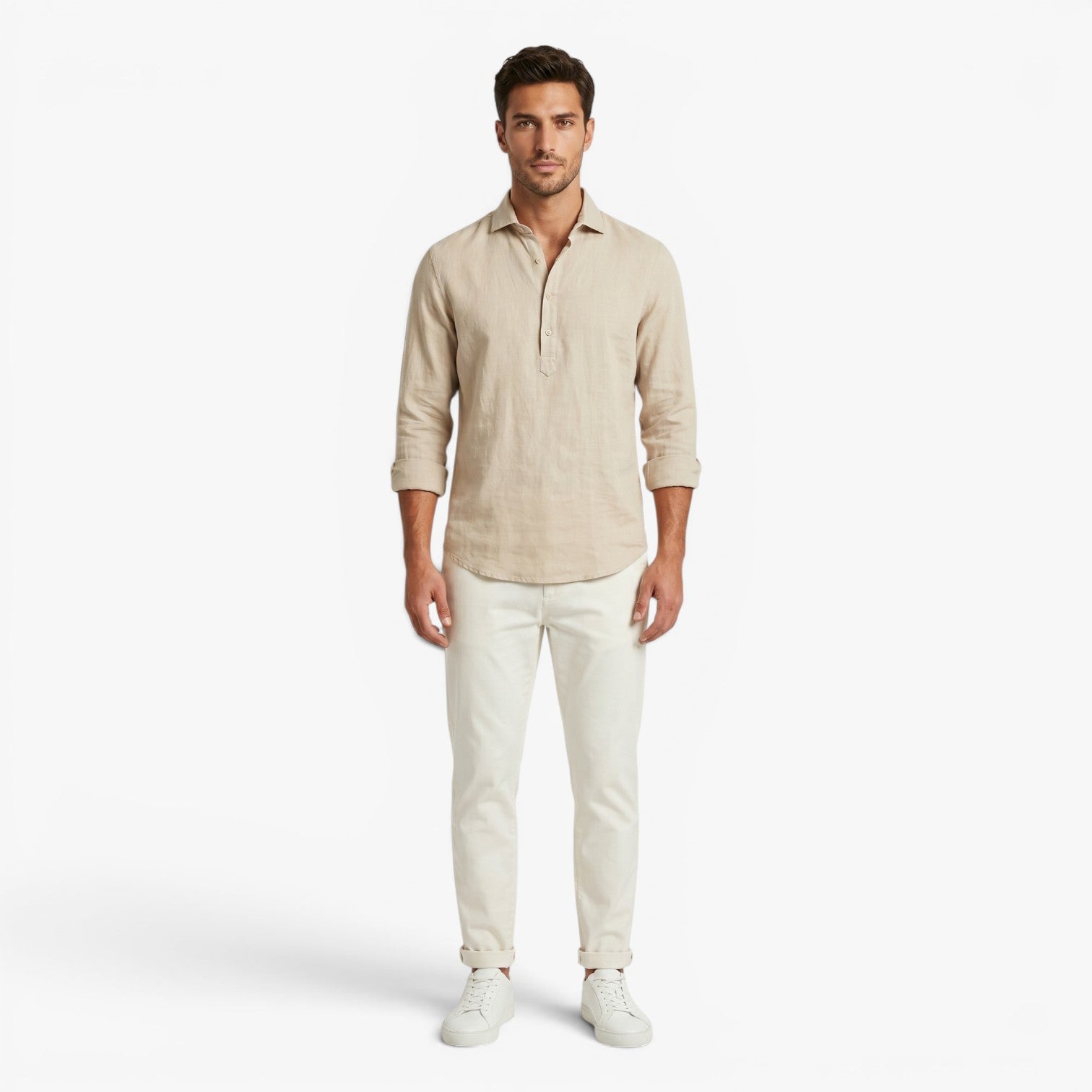 Men's Relaxed Linen Henley Shirt with Mandarin Collar and Rustic Button Placket