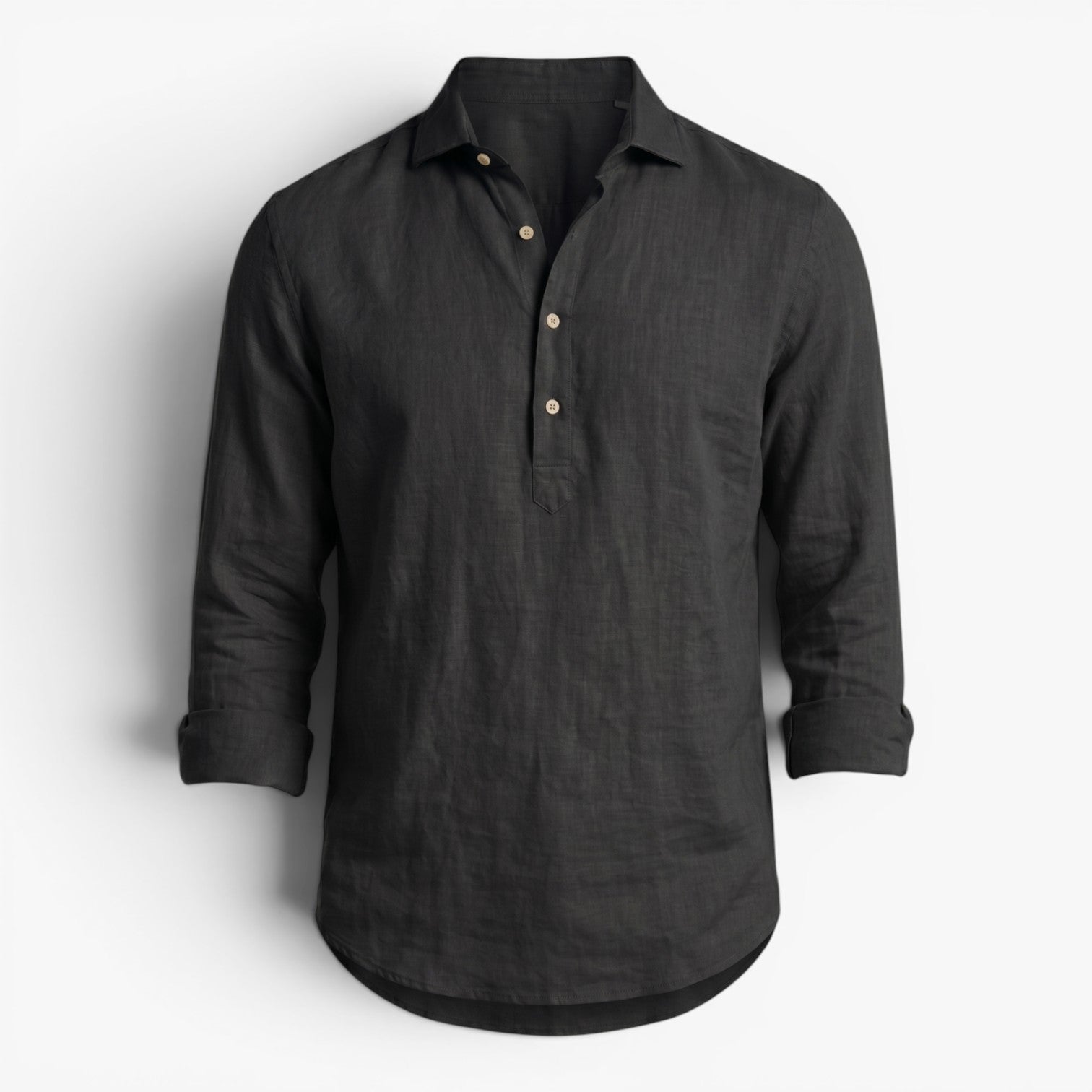Men's Relaxed Linen Henley Shirt with Mandarin Collar and Rustic Button Placket