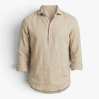 Men's Relaxed Linen Henley Shirt with Mandarin Collar and Rustic Button Placket
