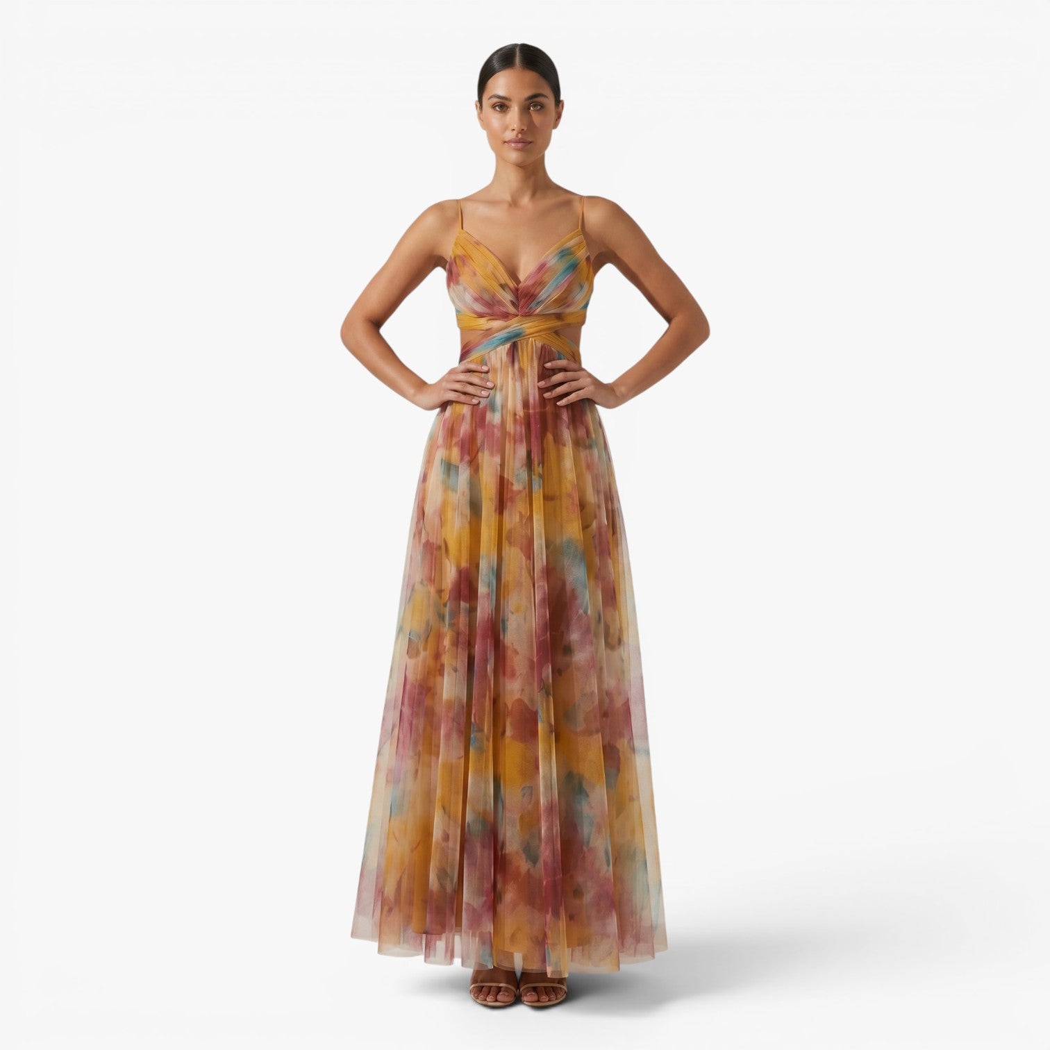 Women's Watercolor Print Pleated Maxi Dress