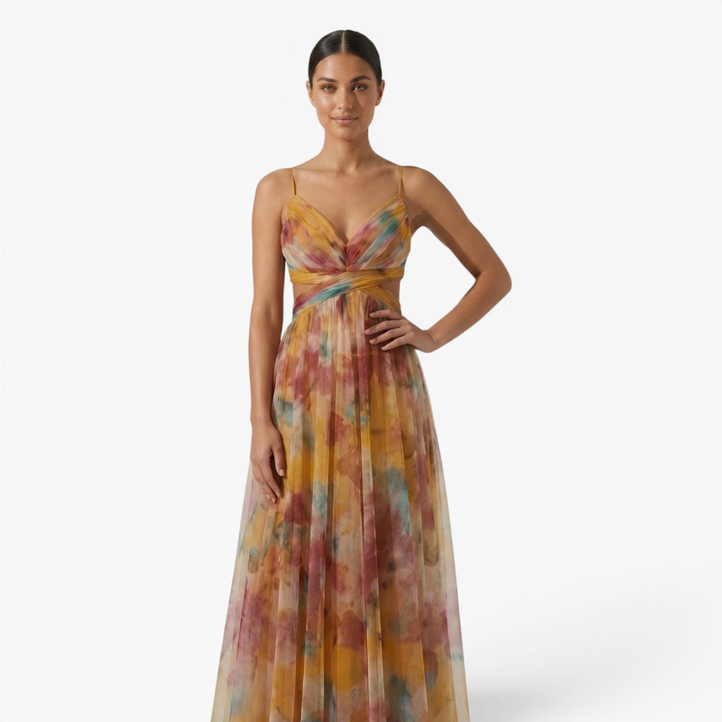 Women's Watercolor Print Pleated Maxi Dress