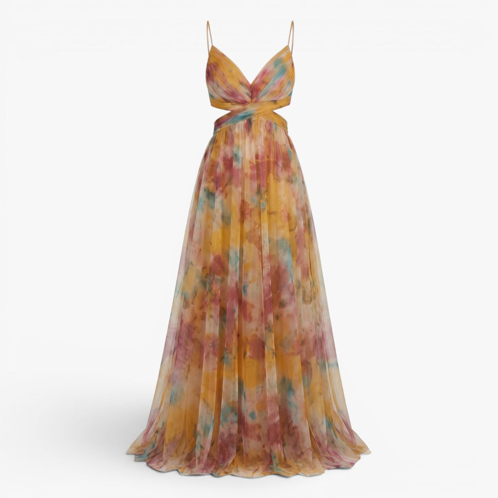 Women's Watercolor Print Pleated Maxi Dress