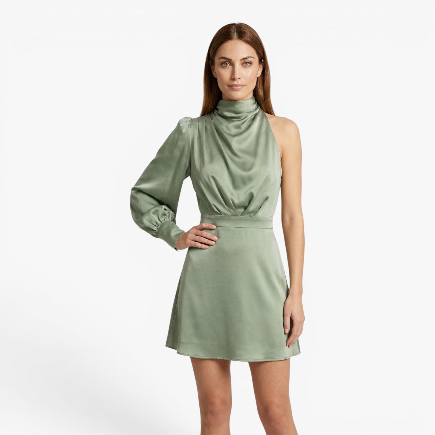 Women's One-Shoulder Satin Mini Dress with Draped Neckline