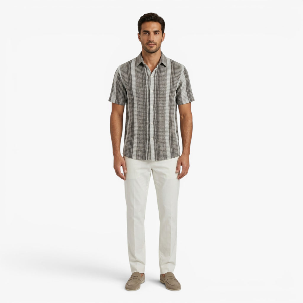 Men's Textured Vertical Stripe Resort Button-Up Camp Collar Shirt