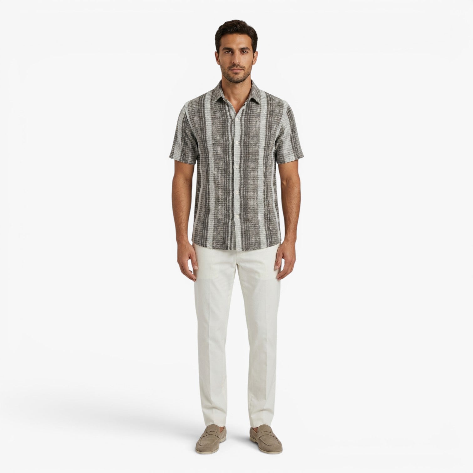Men's Textured Vertical Stripe Resort Button-Up Camp Collar Shirt