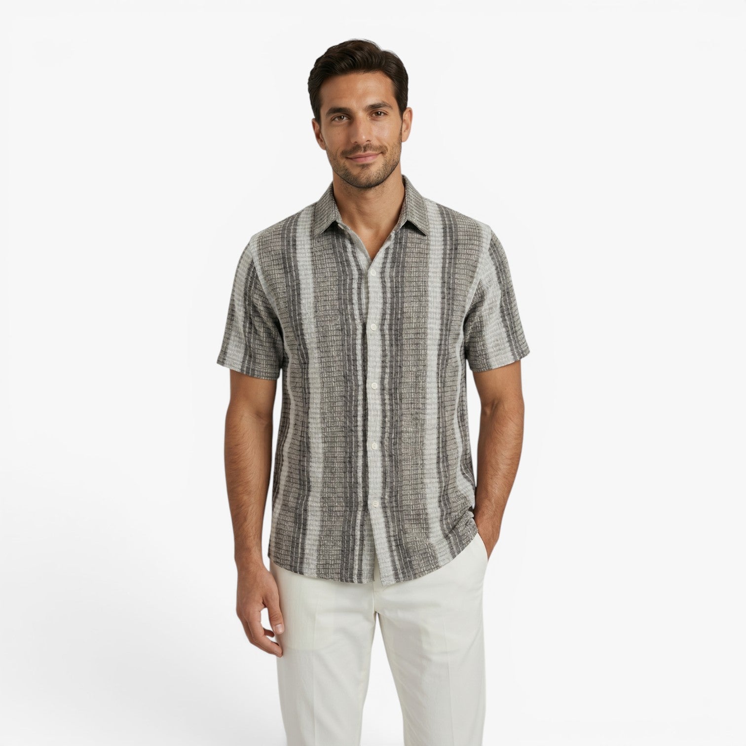 Men's Textured Vertical Stripe Resort Button-Up Camp Collar Shirt